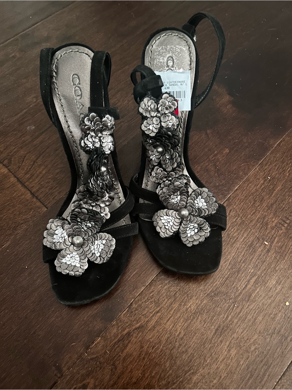 Coach Black Sandal Heels with Silver Sequin Flower Appliqués